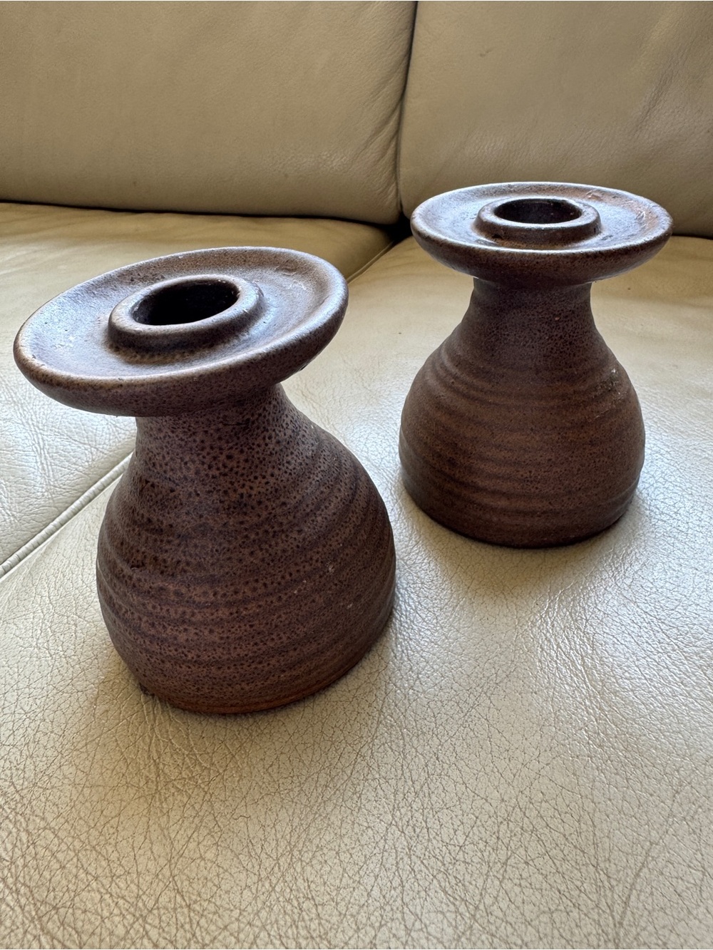 Rustic Brown Pottery Candle Holders - Pair